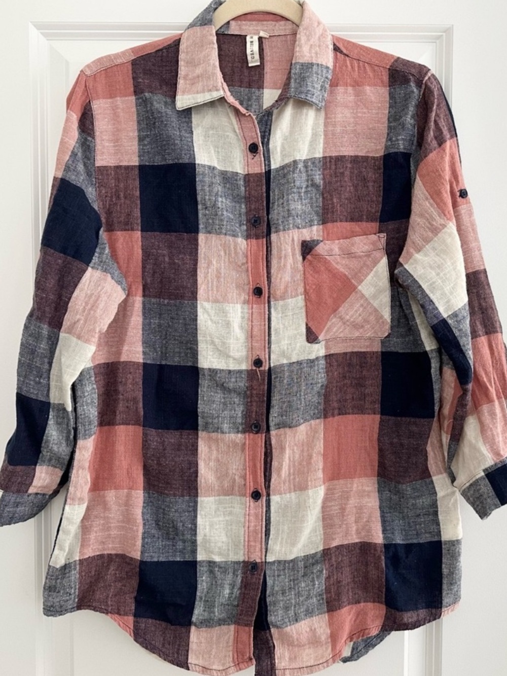 Fall Plaid Lightweight Button Down Shirt 3/4 Sleeve Shirt - Pink Navy & Cream